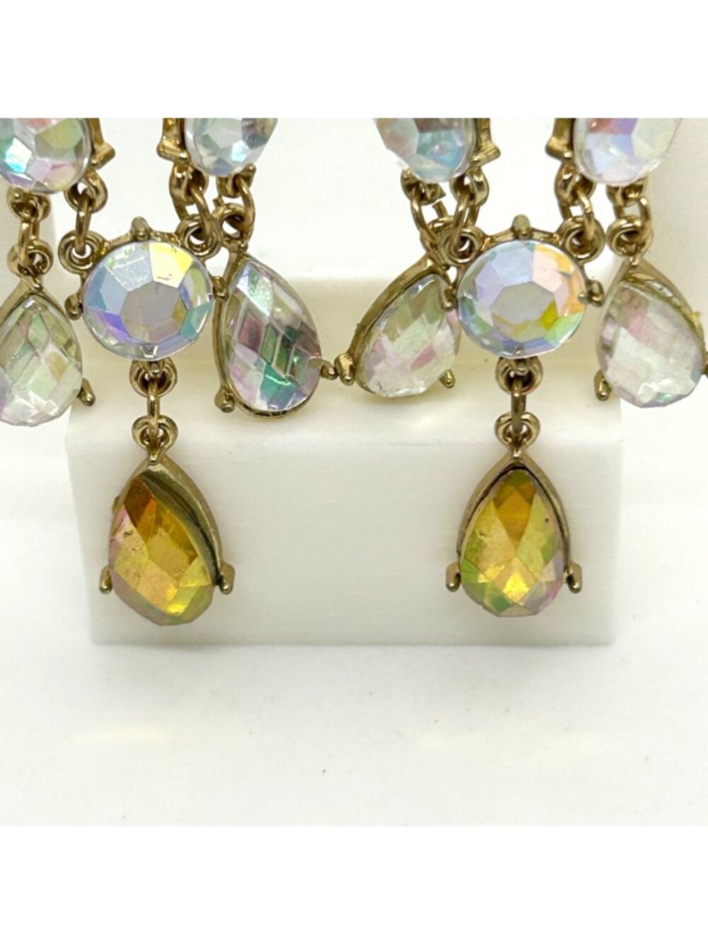 Vintage Gold Tone Aurora Borealis Earrings Acrylic Rhinestone Chandelier Dangle - Picture 2 of 10